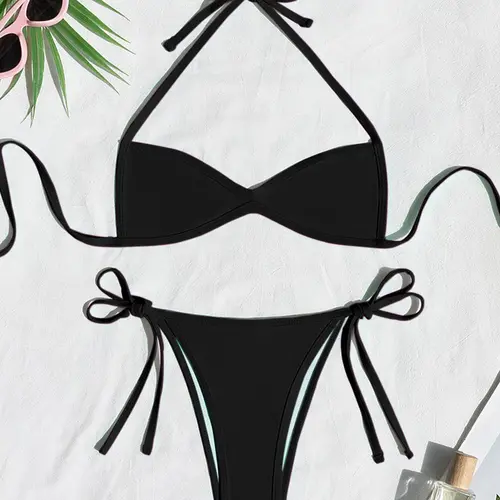 Two-piece Set Women's Plain / Colorblock  Bikinis for Summer, Halter Tie Back Bikini Top & Tie Side High Cut Bikini Bottom, Ladies Summer Swimwear for Beach Holiday Vacation