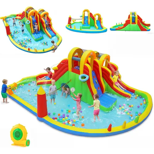Costzon Kiddie Inflatable Water Slide with Air Blower - Lawn Playground Equipment, 8in Depth, Stake-Anchored, Inflatable Water Park Bounce House, Blower Power, for Backyard, Ages 3-10, 4th of July Dad Gift, Bounce House Water Park  t