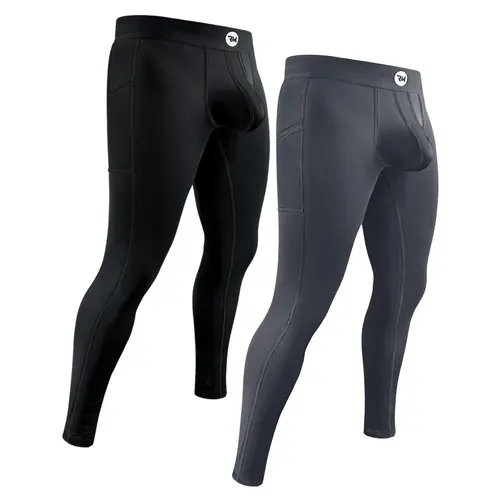 Men's High-Waisted Nylon Spandex Compression Pouch Leggings 2-Pack (Grey/Black) - Thermal Base Layer, Quick Dry High Stretch Bottoms, Fitness Activewear, Abdominal Compression, Body Control Gym Running Tights
