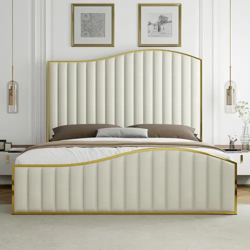 Amerlife Modern Sturdy King Size Platform Bed Frame - Velvet Upholstered with Golden Plating Trim, 61.4" Height Vertical Channel Headboard & Footboard, Silent, No Box Spring Needed, Elegant Bed Frame #SohoChic