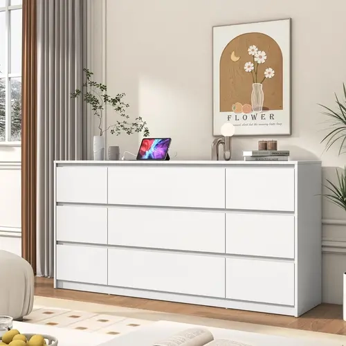 63-Inch Modern Handle-Free Black/White Wood Dresser - 3+6 Drawer Zones, Charging Station, Beveled Drawer Look, Storage Furniture for Bedroom, Living Room