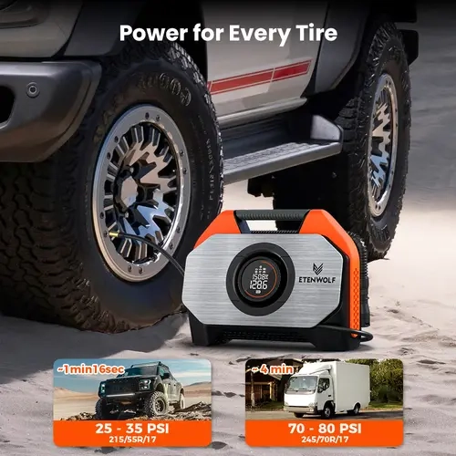 Heavy Duty Tire Inflator for Pickup, SUV & Truck, 160 PSI Cordless Air Compressor with 19200mAh Battery, 100% Duty Cycle, ETENWOLF VORTEX S6,summerwins,car accessories Tire Inflation Pump Wireless Tire Inflator Portable Compressor Offroad Air Compressor