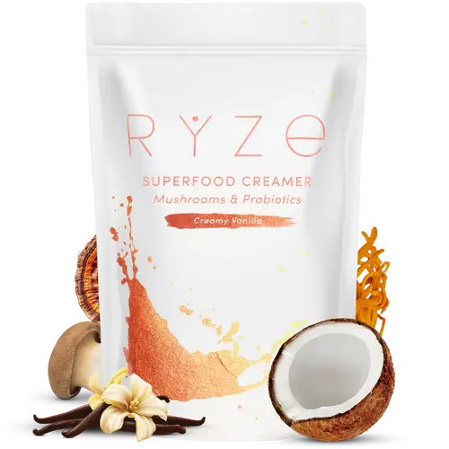 RYZE Superfood Probiotic Coffee Creamer with 6 Organic Adaptogenic Mushrooms & Probiotics for Energy, Focus, Digestion with USA Grown Turkey Tail, Shiitake, Lion's Mane, Reishi, Gluten Free 30 serving