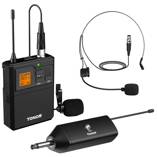 TONOR UHF Wireless Microphone System - Adjustable Headset/Lapel Lavalier Mic, Rechargeable Receiver, 15 Channels, 200ft Range, Stable Connection for Live Performance, Wedding, Recording & PA Speaker