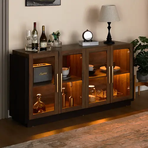 Amerlife 64-in Composite Wood Sideboard - Built-in Lighting Handle Sideboard, Adjustable Storage Buffet Cabinet, Modern Kitchen Cupboard with Glass Panels, Ideal Christmas Gift, Built-In Lighting Sideboards, Composite Wood Sideboards