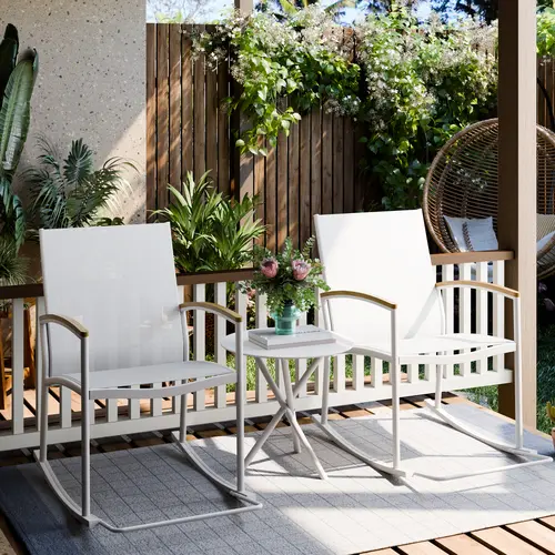 Walsunny Outdoor Rocking Patio Chairs, Set of 2 Modern Chairs & 1 Round Side Table, All Weather Resistant, Garden & Backyard, White