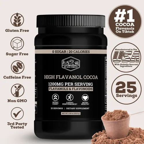 Black Forest Supplements Cocoa Bean Flavanols & Flavonoids Powder - 1200mg per Serving, 600mg Epicatechin, Supports Circulation, Energy & Heart Health, Dark Chocolate Beverage Supplement, Cocoa Beans