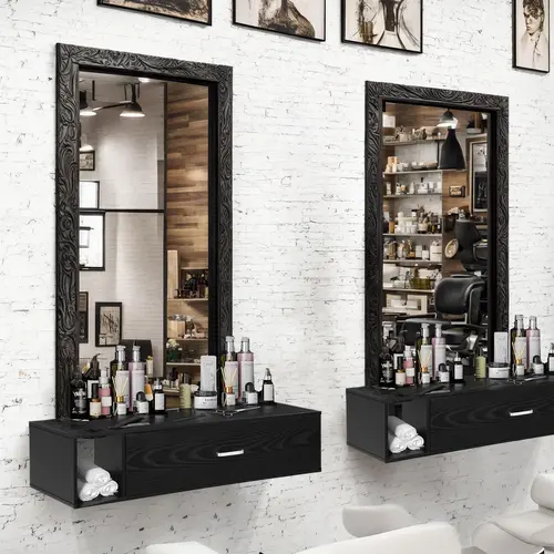 HOMBCK Wood Wall-Mount Sturdy Salon Equipment Cabinet - Drawer, Side Open Space, 3 Hair Dryer Holes for Stylists | Black Beauty Salon Equipment for Bathroom,sohochic