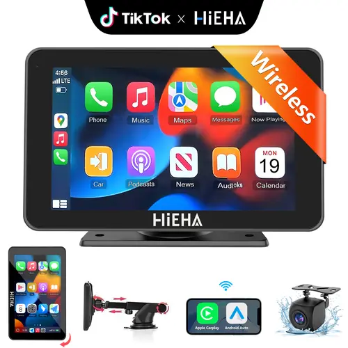 HiEHA 2026 Upgraded 7-Inch HD Wireless CarPlay & Android Auto Stereo for Cars, Trucks, Buick, Auto Accessories, Suction Cup-Dash Mount, Backup Rear Camera, Mirror Link, Bluetooth, GPS, Voice Control, Rotatable, Plug-and-Play