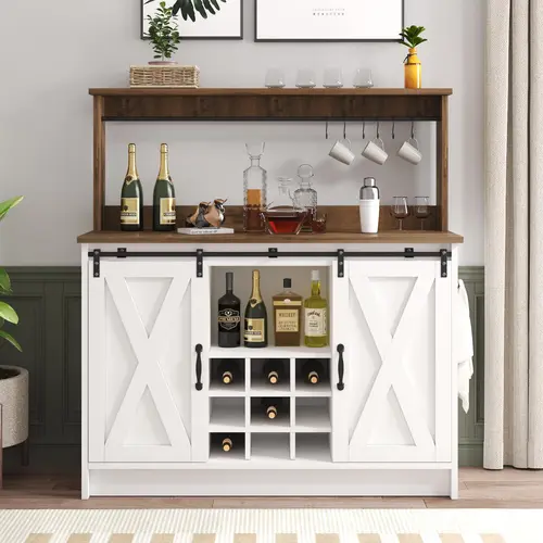 HOMBCK Farmhouse Coffee Bar Cabinet, 47'' Kitchen Bar Cabinet with Sliding Barn Door, Wooden Buffet /Wine Bar Cabinet Organizerwith Open Storage Shelf#SohoChic#Homemakeover