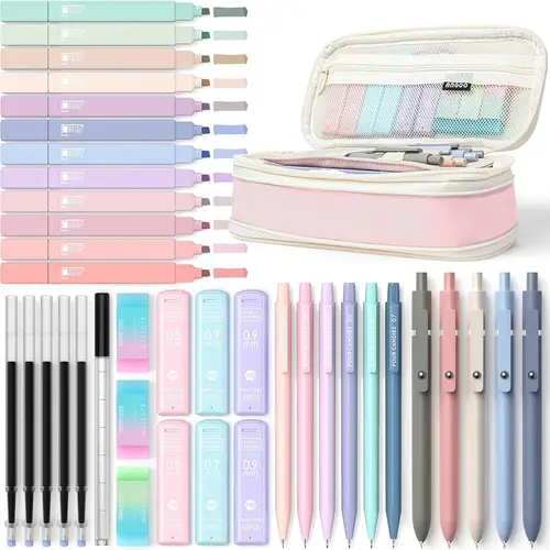 【Buy 1 Get Gift】Four Candies 39PCS Aesthetic School Supplies Set, 12 Pastel Highlighters,5 Black Gel Pens,6 Mechanical Pencils 0.5&0.7mm, Smooth Writing, Aesthetic Office Supplies,Gift for Student,School Classroom Supplies Stationery Set