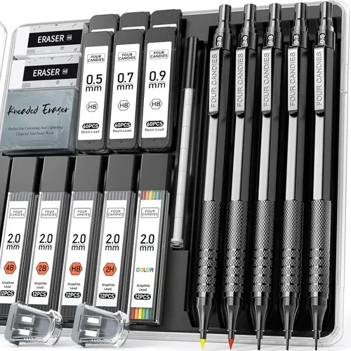 Four Candies Back to School  5PCS Metal Mechanical Pencil Set,  3PCS Art Drafting Pencils 0.5, 0.7, 0.9MM & 2PCS 2MM Mechanical Drawing Pencils with 420PCS Leads (4B 2B HB 2H Color) for Writing Sketching Drawing
