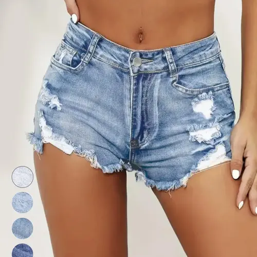 Women's Ripped Slash Pockets Jean Shorts Bottoms, Womens Summer High Waisted Light Wash Denim Stretchy Ripped Fit, Casual Trendy Raw Hem Denim Shorts for Daily Wear, Ladies Summer Hot Shorts, Denim Jeans Shorts