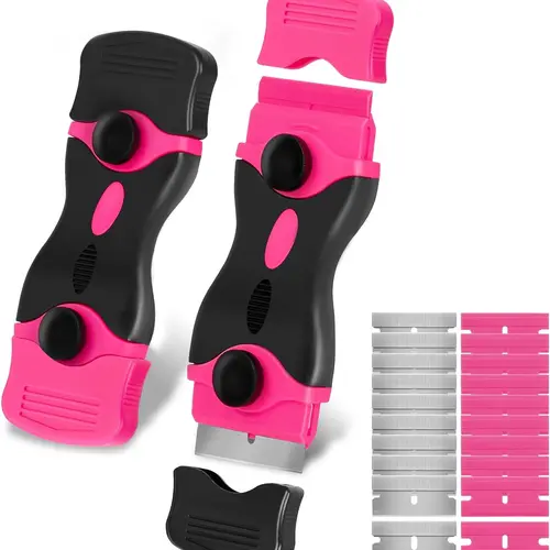 THINKWORK Pink Razor Blade Scraper Tool, Cleaning Razor Scraper for Glass, Glass Top Stove Scraper for Oven Door, Razor Scraper Gift for Women, 2-in-1 Scraper Tool Set with 20Pcs Razor Blades for Removing Window Labels (2 Pack)