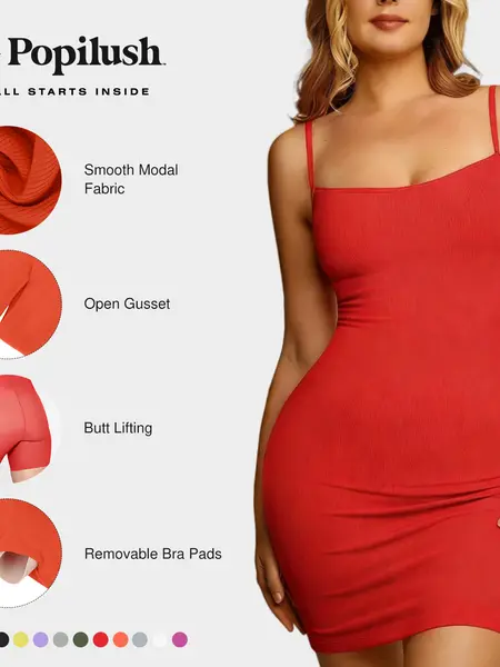 Popilush Bodycon Mini Dress - Built-In Shapewear for women Spaghetti Strap Club Dress Cute Minimalist