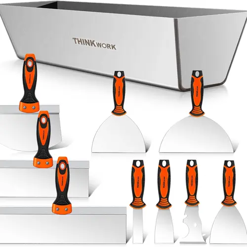 THINKWORK Drywall Hand Tool Kit 10 Pieces Stainless Steel Drywall Machine Set with Ergonomic Handle Mud Pan & Seamer for DIY Projects