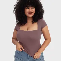 PUMIEY Women's Square Neck T-Shirt, Buttery Soft Double Layer Stretch Fabric, Slim Fit Short Sleeve Minimal Casual Top, Minimalist,back to school,back to school shopping, Shortsleeve, Tops