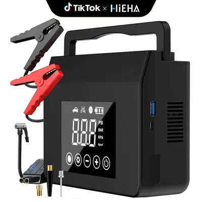 【HiEHA】Multifunctional 3-in-1 Vehicle Booster Car Accessory - 8000mAh Portable Air Compressor (0-150 PSI), Car Jump Start Aid, Power Bank Charger, LED Display, LED Flash + SOS Light for Vehicles, Bikes, Inflating Tires