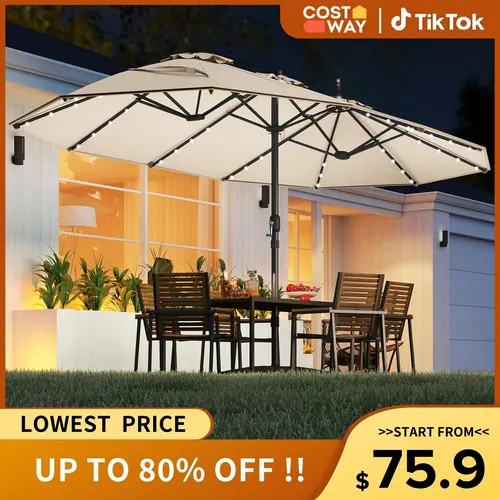 【Solar Led Lights】COSTWAY 13/15ft Large Patio Umbrella, Extra Large Outdoor Double-Sided Twin Umbrella with Base & 36 LED Lights & Crank Handle for Garden, Deck, Poolside, Patio, 4th of july decor, dad gift
