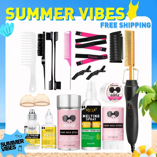 【SUMMER VIBES】Electric Hot Comb Hair Straightener for Natural Hair and Wigs - Curling Iron and Pressing Comb Set with Wax Stick Brush Salon Gift Straightening Cream, Hair Styling Tools, Silky Straight Hair