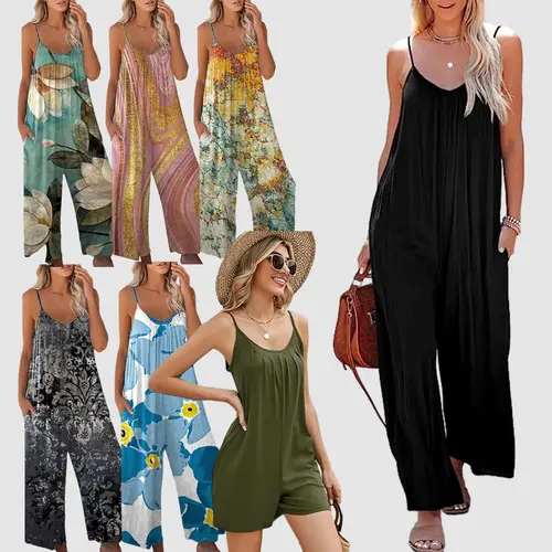 Women's Plus Size Fashion Sleeveless Spaghetti Strap Loose Wide Leg Pants Jumpsuit - Casual Floral Print, 95% Poly 5% Spandex, Stretchy Drape Fabric, Pockets, Beach Outdoor Wear