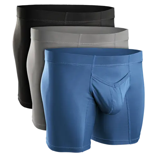 Men's 3-Pack Nylon V-Fly Enhancing Pouch Boxer Briefs - Black, Grey, Navy, Modern Plain Mid Waist, Moisture-Wicking Fabric, Easy Styling, Big Sizes with Pocket, Compression Underwear for Work, Activewear
