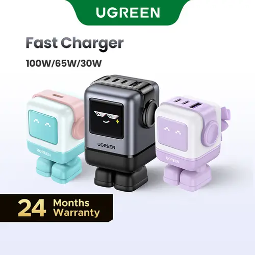 UGREEN Uno Robot GaN Super Fast Charger - 3/4-Port USB-C (100W/65W/30W) with PPS PD3.0, US Plug Type C Portable Charging Block, 24 Months Support, for iPhone 17-14 Pro Max, Galaxy S24/S23 Ultra, MacBook Air (Black Friday Deals)