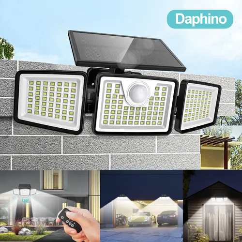 Daphino Solar Outdoor Security Spotlights, 2500LM 3-Head Dimmable Adjustable Wall Mount Lights with 3 Modes, IP65 Waterproof, 2 Years Warranty, for Garage, Festival Gift