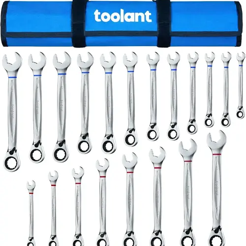 Toolant 20pcs Metric & SAE Ratcheting Wrench Set - High-Torque Satin Chrome Heavy-Duty Ratchet Set, Lifetime Replace Diy Gadget Tool for Automotive Mechanics, Cars Accessories, Heavy Duty Wrench, Rachet Set