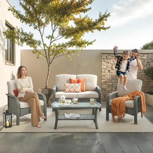 【SohoChic Sale】OVIOS 4-Piece Outdoor Patio Furniture Set with High-Back Loveseat, Wicker Chairs & Coffee Table, All-Weather Conversation Set with Comfy Cushions for Backyard, Patio, Porch, Deck & Garden