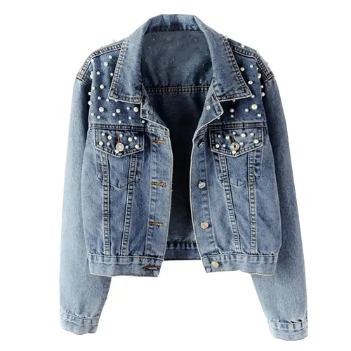 Hixiaohe Women's Fashion Loose Embroidered Pearls Beading Cropped Denim Jacket Jean Coat TikTokShopBlackFriday,back to school,back to school shopping,sohochic