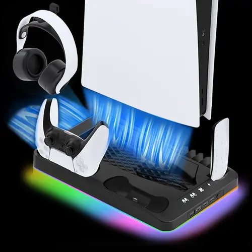 Cooling Stand for PS5 with Dual Controller Charging Station, Dual Cooling Fans, RGB Light, 3 USB Hub and Headset Holder, Compatible with PS5 Standard Slim Pro Disc & Digital Consoles