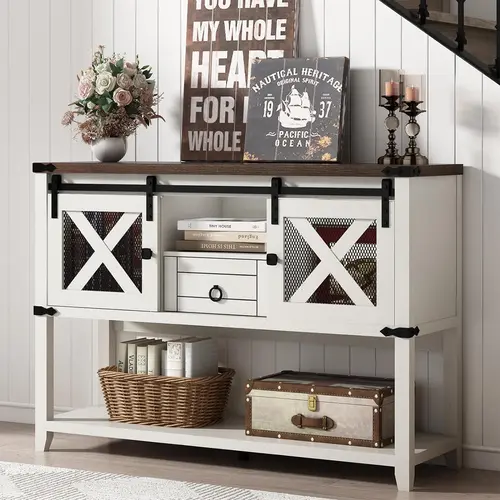 46'' Rustic Farmhouse Entryway Console Table - Home Interior Furniture Design with 2 Sliding Barn Doors, Drawer, Open Shelf Storage, Industrial Living Room Table, Brown/Vintage White