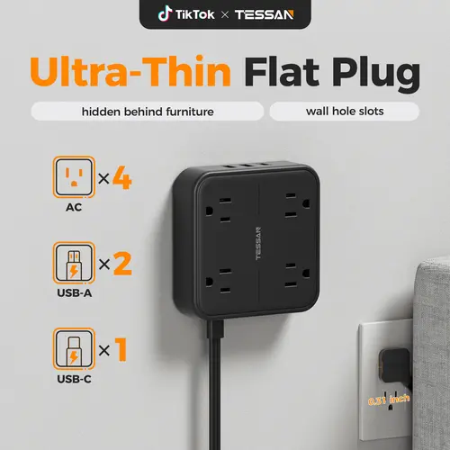 TESSAN Flat Plug Surge Protector Power Strip,  with 4 AC Outlets & 3 USB Ports, 5FT Flat Extension Cord, Wall Mount for Home, Office & Dorm