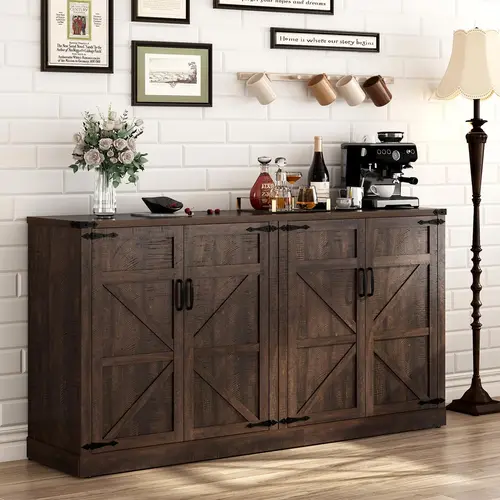 65" Rustic French Country Wood Sideboard Buffet Cabinet - Sturdy Furniture with 4 Doors, 3-Tier Adjustable Shelves, Metal Handles, Textured Finish, Snacks Storage for Kitchen & Dining Layouts, Tames Daily Clutter, Requires Assembly