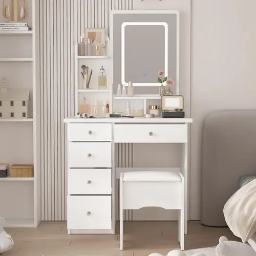 FUFU&GAGA Modern Vanity Table - Sturdy Purple Upgraded Engineered Wood Vanity with Mirror, Adjustable LED Light Bar, Matching Stool, Crystal Handles, Drawer, Shelf, Jewelry Organizer, White Finish, 31.5x15.7x55.1in Storage, Assembly Required