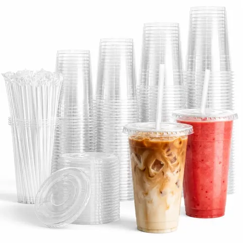 AISOON BPA-Free Multi-Size Disposable Plastic Cups (50/100 Pack) with Flat Lids & Wrapped Straws, 12-32 oz PET Cups for Iced Coffee, Parties