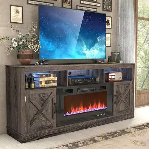 Farmhouse Fireplace TV Stand - 70.8in Engineered Wood Console (15.7"d x 31.5"h) with 36in Electric Fireplace, LED Lighting, Sliding Barn Doors, 1-8 Flame Levels, 0.6" Thick Top, TV Shelf, Cable Management Cutouts, Stable for 70/75/80in TVs (Grey, White)