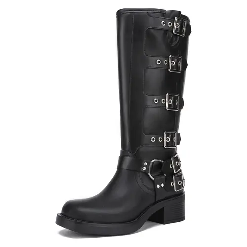 Athlefit Women's Wide Calf Knee-High Riding Boots - Fashion Adjustable Metal Buckle, Square Toe, Chunky Heel Biker Footwear, Comfortable Brown Leather Walking Shoes,sohochic