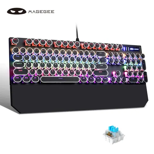 MageGee MK-Storm Durable Typewriter Mechanical Gaming Keyboard with Electroplated Punk Round Keycaps, Silent Red Axis, Blue LED Backlight, Numeric Keypad, USB Wired PC Accessories for Gaming & Office, Windows Compatible