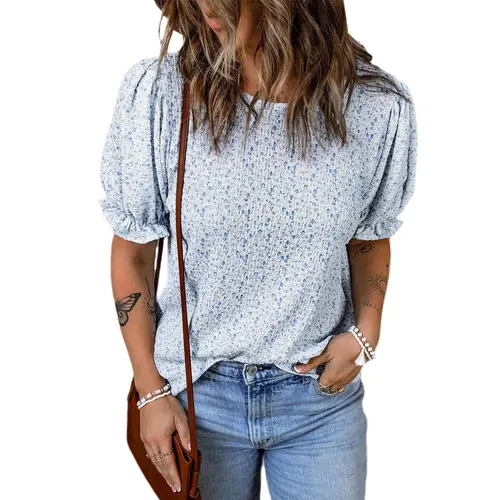 Dokotoo Floral Print Blouses for Women Crewneck Smocked Puff Sleeve Shirts Casual Babydoll Tops