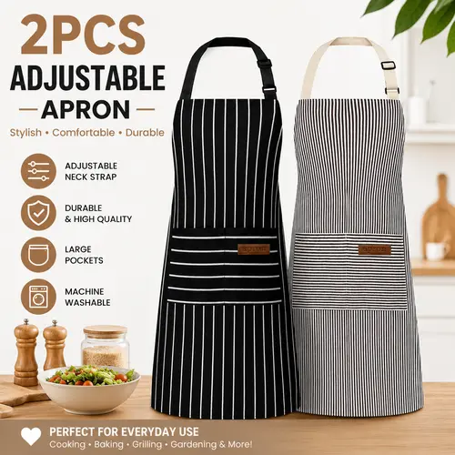 Women & Men's 2-Piece Sets Work Apron, Abrasive-Resistant Breathable Striped Pocketed Polyester Chef Apron Set, Adjustable Strap Kitchen Accessories for Home Use