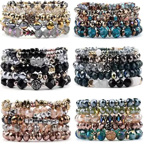 Women's 6-Piece Bohemian Bead Bracelets Set - 6set Color Mix, Glass Beads, Crystal Accents, Elastic Bangles, Easy On, Jewelry Stack, Bracelet Stacking, Costume Jewelry, Birthday Gift, 90-Day Exchange/Money-Back Guarantee,sohochic
