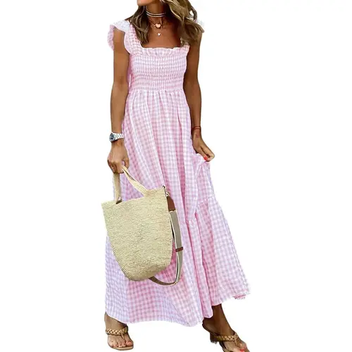 Chouyatou Women's Retro Plaid Smocked Dress Spaghetti Strap Flounce Long Casual Sleeveless Flowy Evening Fashion Basic with Pockets Womenswear Cute Elegant Plus Size Hide Belly Dress