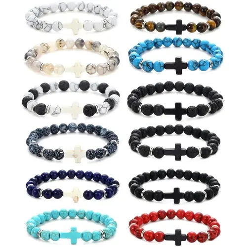 Unisex 12-Piece Affordable Handmade Lava Stone & Tiger Eye Beaded Set - 8mm Minimalist Cross Stack for Layers, 7.5 inches Adjustable, Multi-Color, Birthday/Anniversary Gift, Crucifix Graphic Bracelets & Bangles (Choking Hazard Small Parts),sohochic