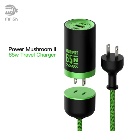 mfish Power Mushroom II 65W GaN Portable Universal Charger - 5ft Nylon Extension Cord & Adapter, USB-C Connector for Smartphone, Cellphone, MacBook, iPhone 15/16, iPad, Samsung Laptop (USB-C Powered)