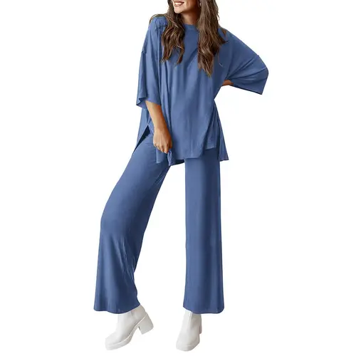 PrettyGarden Women's 2-Piece Outfits Short Sleeve Pullover Tops Split Hem Wide Leg Pants Lounge Sets, Comfy Pjs, Soft Suits-Womenswear Loungewear Nightwear#SwimWeek#Summervibes#DealsForYouDays