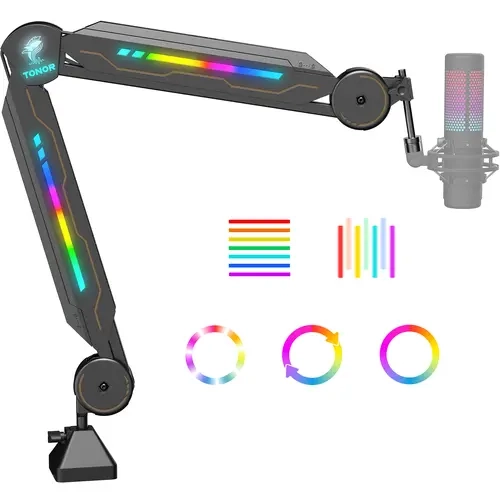 TONOR T90/T20S RGB Boom Arm Microphone Stand with Adjustable RGB Lights, 11 Dynamic Modes, Steel Build, Durable USB Cable, Windshield Foams, Accessories for Streamer Setup, Gaming Setup Accessories, Hollyland Lark