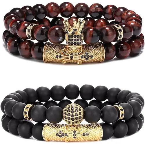 Riza Craft 4-Piece Layered Bangle Bracelets Set, Stackable Crown Design Beaded Stretch Bangles with 8mm Black Matte, Tiger Eye Healing Stones & Black Cubic Zirconia, Daily Men's Accessories,sohochic