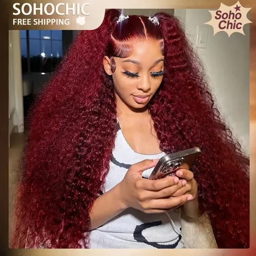 STERLY 200% Density Burgundy / Natural Color 13x6 Lace Frontal Human Hair Deep Wave Wig Ombre Color Water Wave Wig 99J Curly Wigs #FB30 Highlight Pre Plucked Pre Cut Beginner Friendly Wig #TikTokShopBackToSchool#SohoChic
